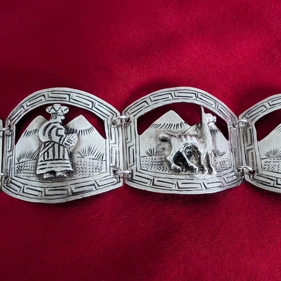 Estate Vintage Peruvian Lama Sterling Silver Five Panel Cuff Bracelet - Picture 1 of 10